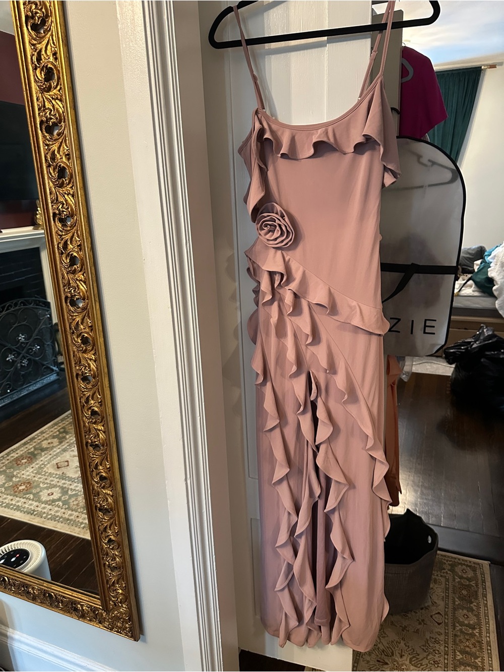 JLUXLABEL Dusty Rose Ruffle-Front Maxi Dress with Rosette Detail